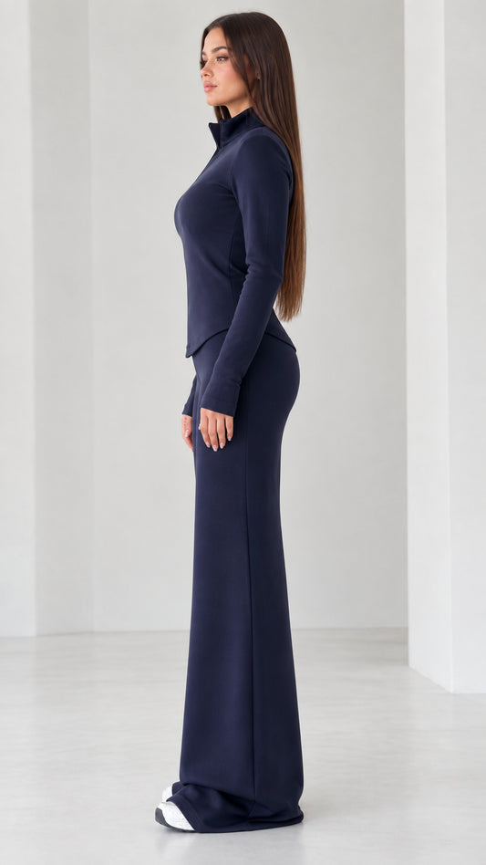 Side profile of women's navy blue two-piece casual lounge set