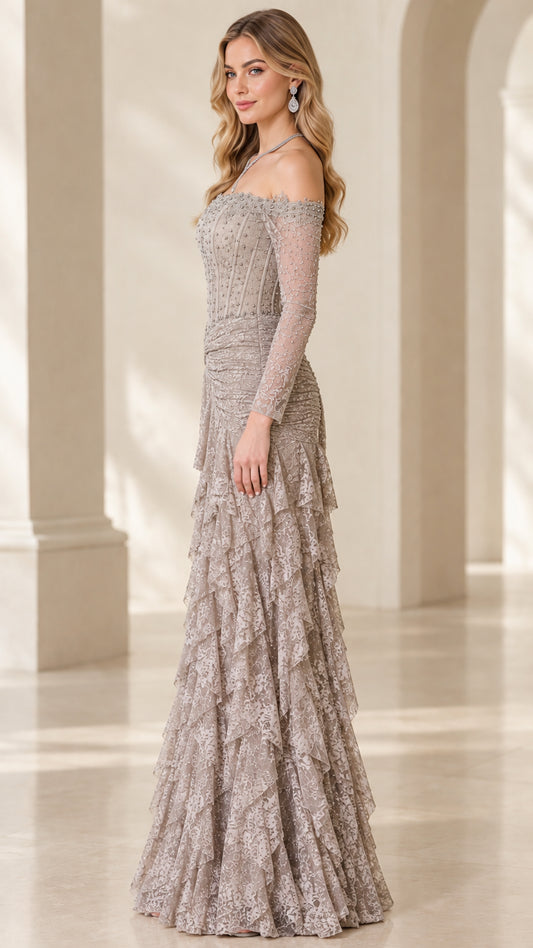 Taupe beaded off-the-shoulder long sleeve lace formal maxi dress - Side angle view