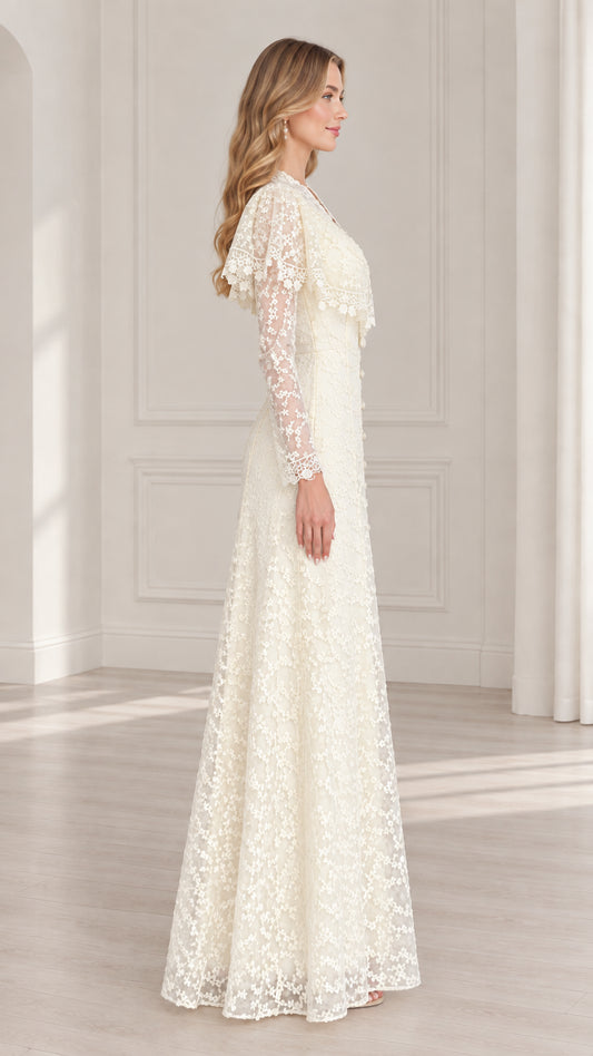 Ivory lace capelet maxi gown side profile view
