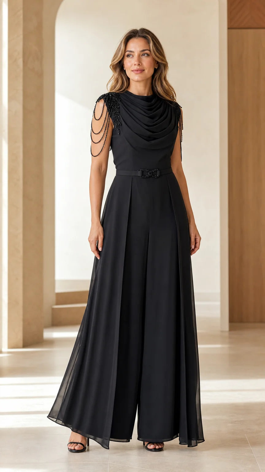 Front view of black draped cowl neck wide-leg formal jumpsuit with beaded shoulder details