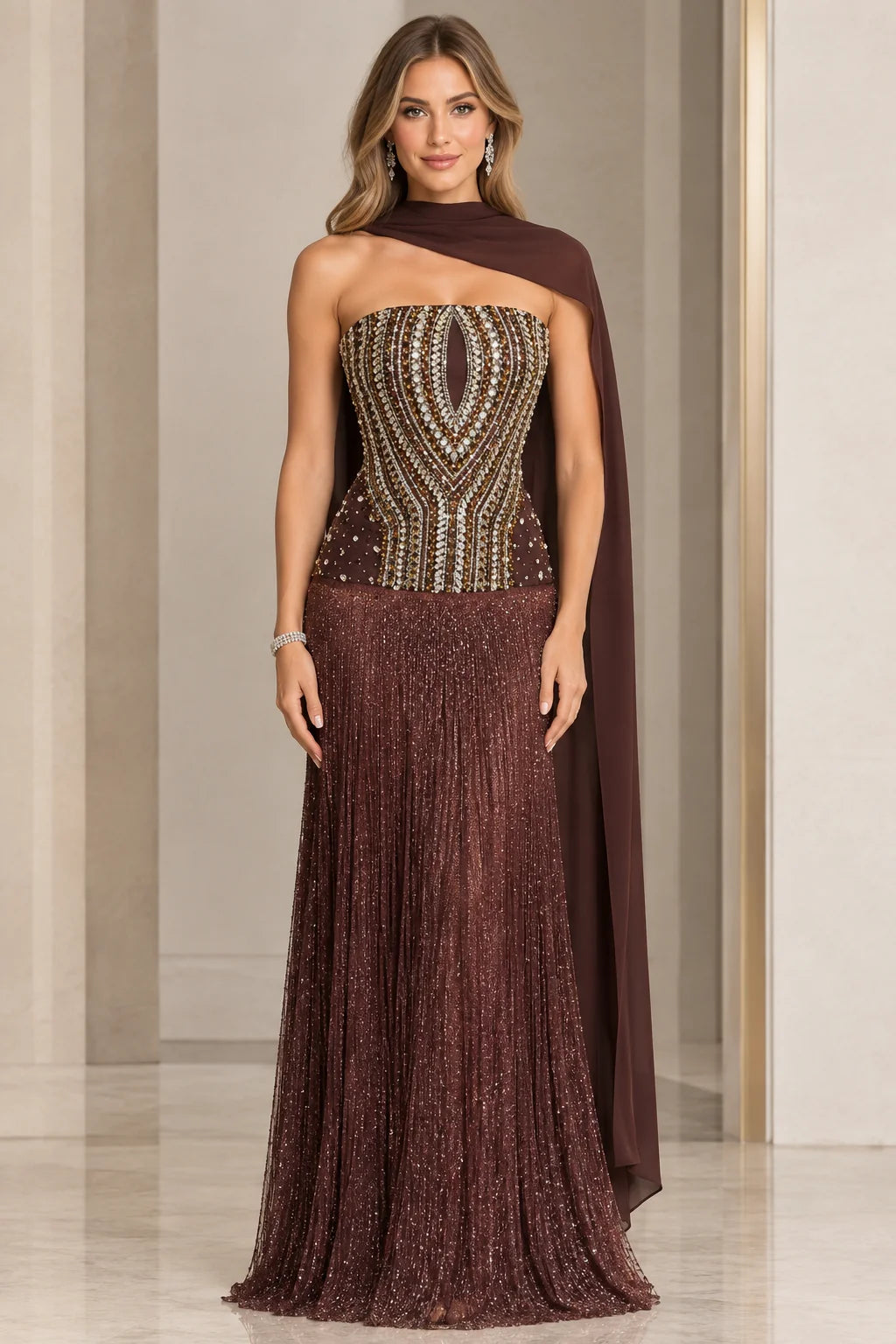 Strapless beaded corset evening gown in chocolate brown with back cape scarf front view