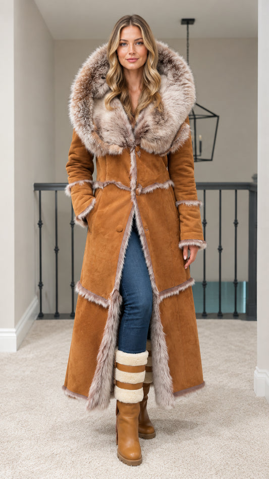 Front full view of woman wearing long camel faux suede coat with faux fur hood