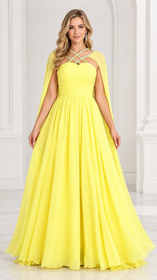 Yellow floor-length chiffon evening gown with embellished crisscross neckline and cape front view