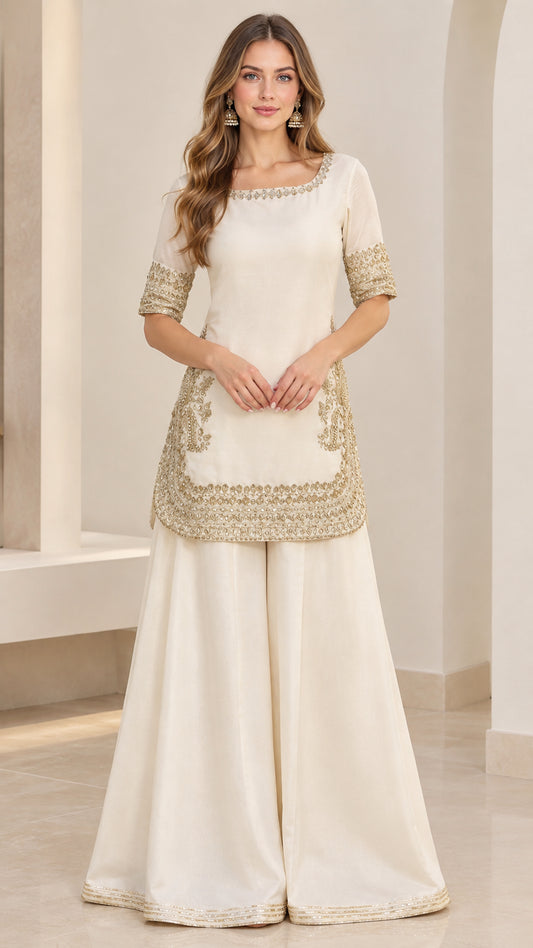 Front full view of ivory embroidered kurti and flared sharara pant set