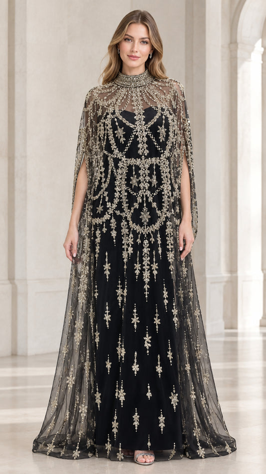 Full-length front view of black evening gown with embroidered high neck cape overlay