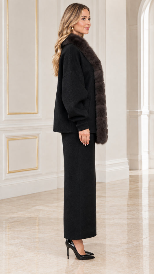 Side profile view of black two-piece cardigan and long skirt outfit