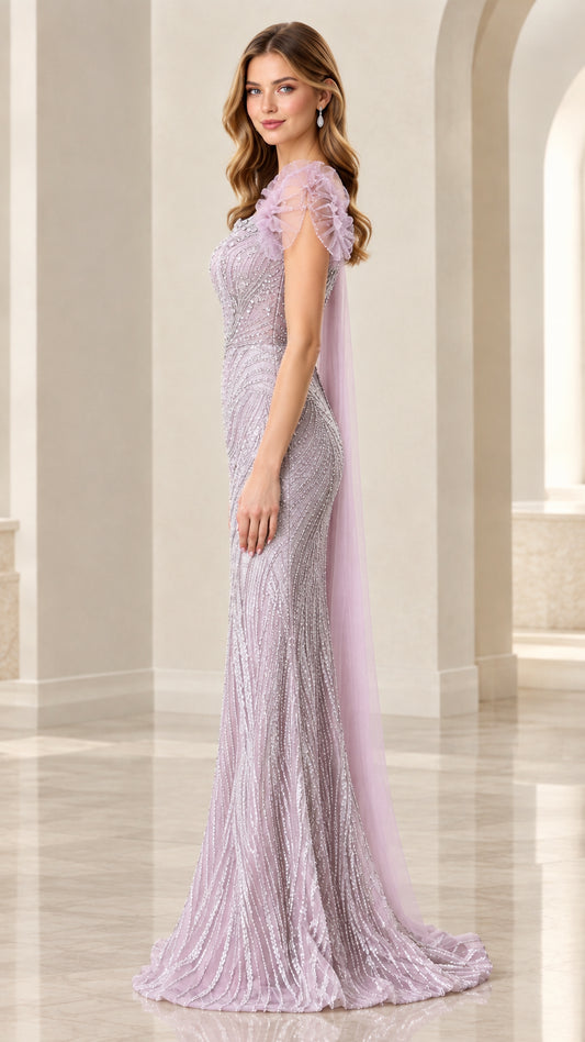 Side profile view of lavender beaded formal dress showing sleek fit