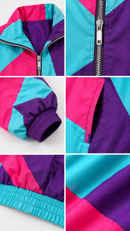 Close-up details of collar zipper, cuff elastic, side pocket, and smooth fabric texture