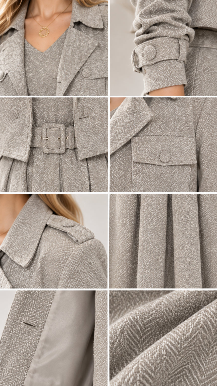 Close-up details of herringbone fabric, lapels, belt buckle, and sleeve cuff button tabs